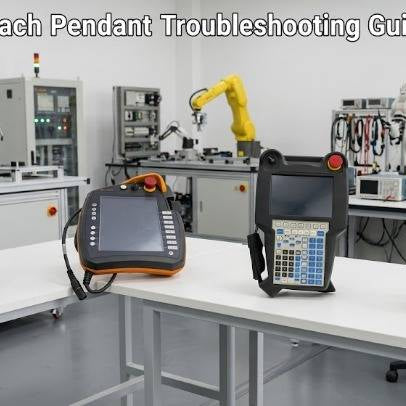 A comprehensive alignment of four major industrial robot teach pendants, featuring a yellow FANUC iPendant, a white ABB FlexPendant, a black Yaskawa Motoman pendant, and a KUKA smartPAD, used for universal diagnostic and repair guides.