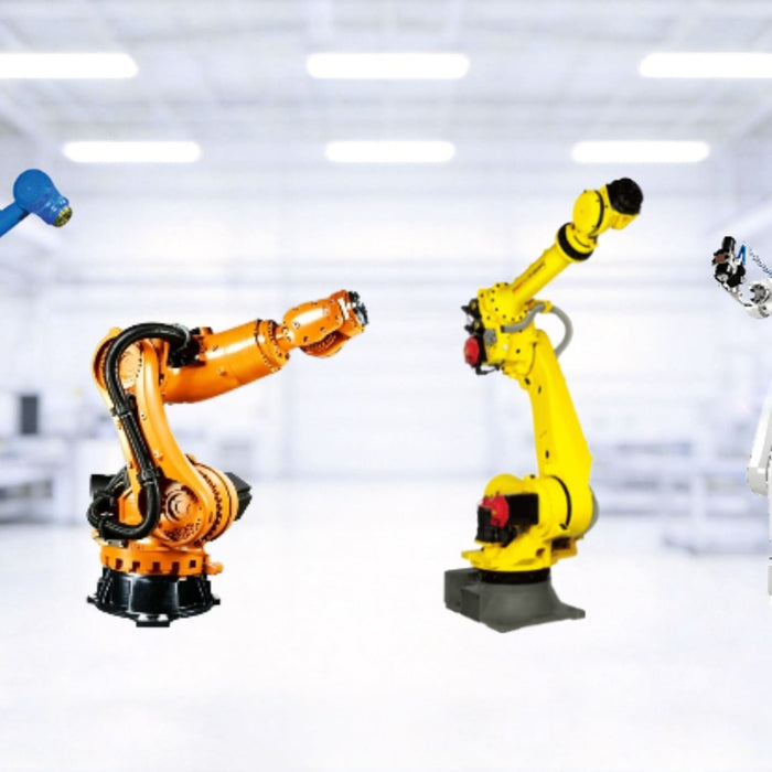 Four major industrial robots from leading brands: a blue Yaskawa, an orange KUKA, a yellow FANUC, and a white ABB robot, showcased against a blurred smart factory background.