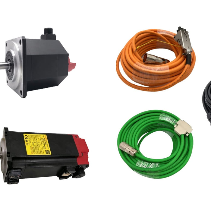 Multiple industrial servo motors shown alongside various high-flex encoder cables in orange, green, and black, featuring heavy-duty connectors for robot motion control.