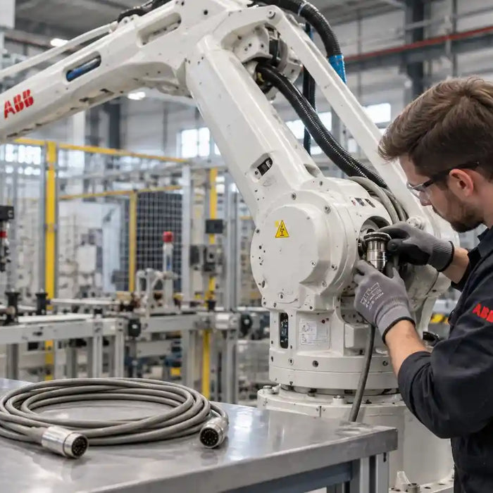Industrial robot encoder feedback cable inspection for intermittent signal and servo instability problems