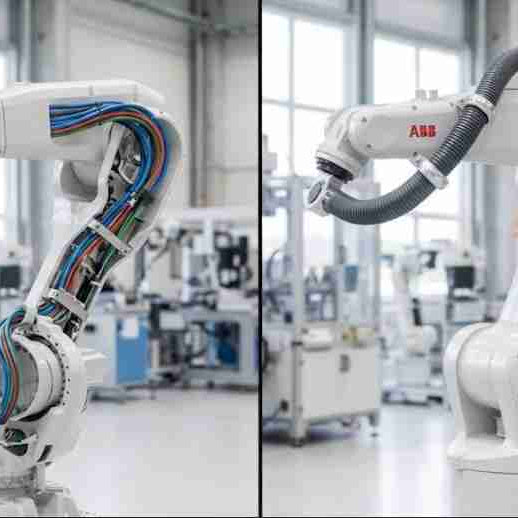 A side-by-side technical comparison between an internal dresspack routed inside a hollow robot arm and an external dresspack routing system with a corrugated conduit.