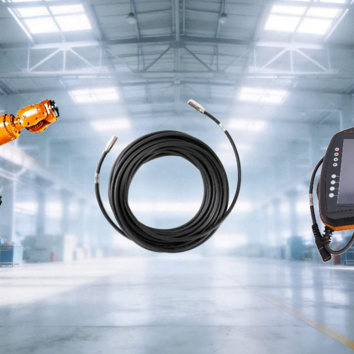 An orange KUKA industrial robot arm shown with a coiled black communication cable and a KUKA smartPad teach pendant, set against a blurred modern factory interior.