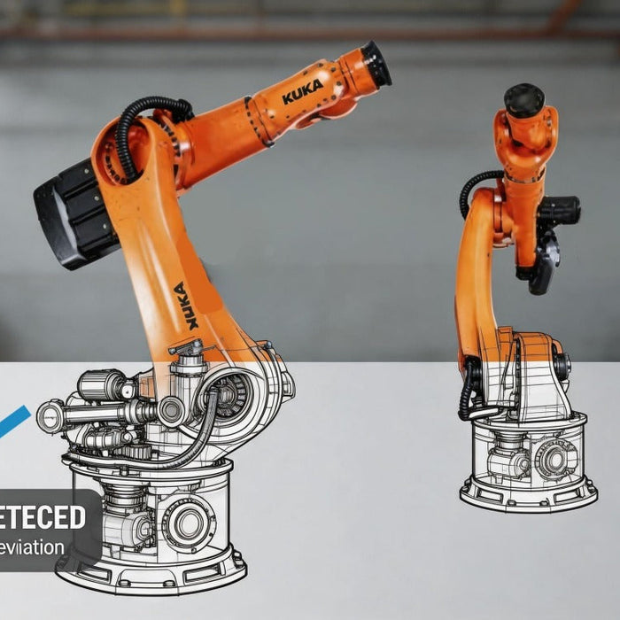A technical diagnostic illustration of a KUKA KR 600 R2830 heavy-duty robot, showing a side-by-side view of two robot arms with wireframe overlays on the base to demonstrate axis drift and feedback position deviation.