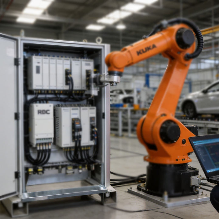 Inside an automotive manufacturing plant, a technician is using a laptop to debug a KUKA robot; the door of the silver-grey KRC control cabinet stands open, clearly revealing the off-white RDC module and the servo drive feedback system housed within.