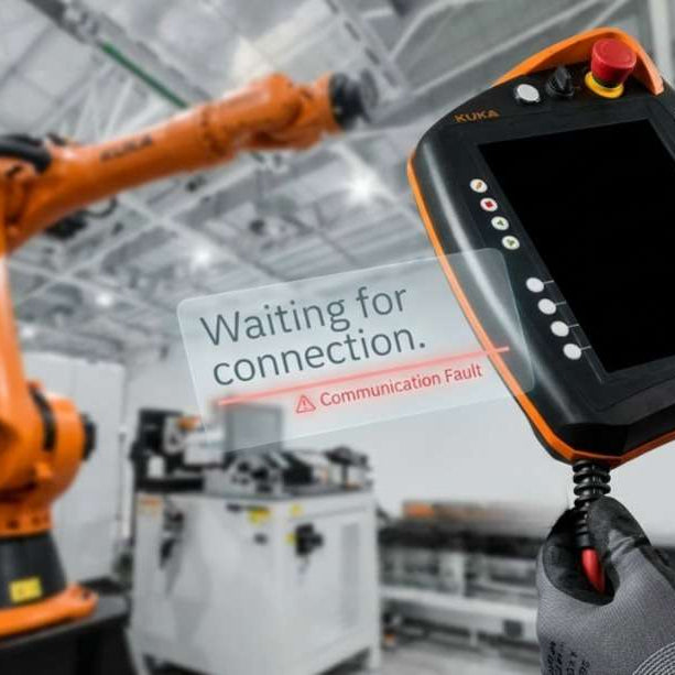 KUKA smartPAD teach pendant troubleshooting guide for KRC4 controllers, diagnosing cable failure, black screen issues, and Windows HMI connection timeouts.