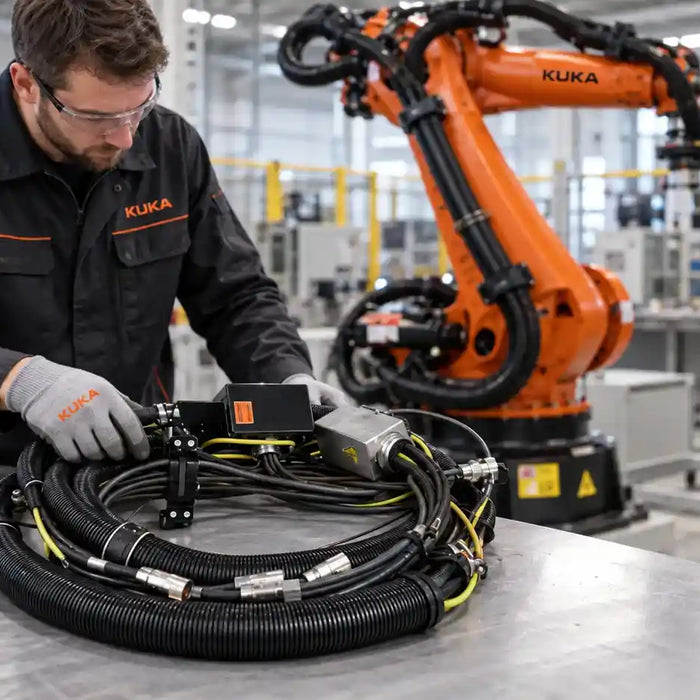 KUKA robot cable inspection and replacement in an industrial robot maintenance environment