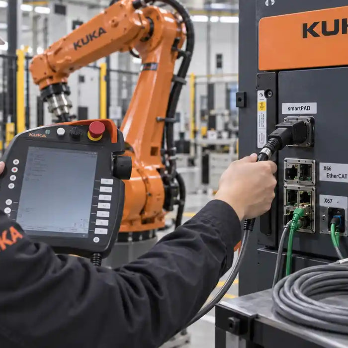 KUKA robot smartPAD communication cable inspection during intermittent fault diagnosis