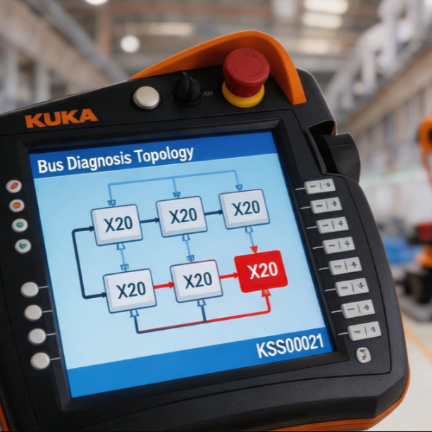 A KUKA SmartPAD teach pendant displaying a red X20 module error on the Bus Diagnosis Topology screen (error code KSS00021) next to an orange KUKA industrial robot arm.