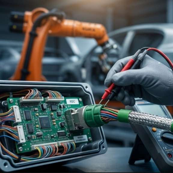 A maintenance engineer disconnecting the heavy-duty RDW data signal cable connector at the base of an orange KUKA KR FORTEC robot arm to troubleshoot an axis resolver signal loss fault.