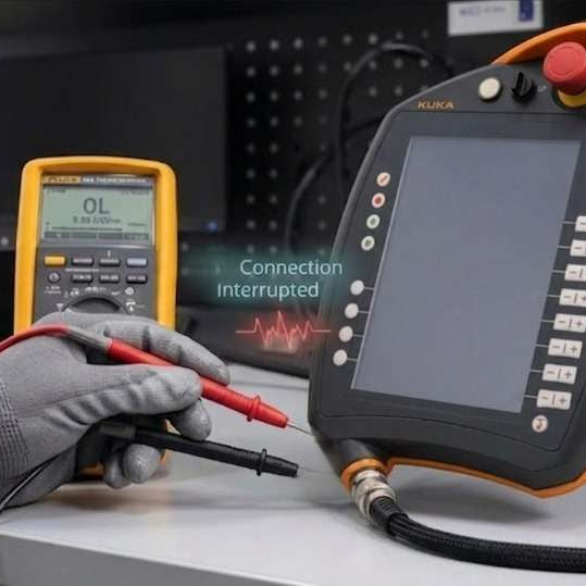 KUKA smartPAD and KCP teach pendant dead and unresponsive troubleshooting guide, diagnosing heavy-flex cable failures, KRC4 controller power issues, and KSS interface faults.