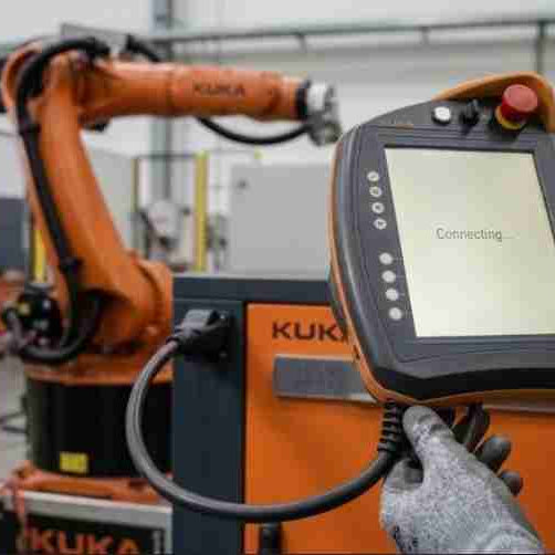 A technician diagnosing a KUKA smartPAD KCP4 teach pendant that is not connecting to KSS, showing the screen stuck on a connecting status while inspecting the cable connection at the orange KUKA controller cabinet.