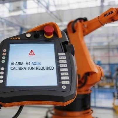 A KUKA smartPAD displaying a bilingual alarm "ALARM: A4 AXIS CALIBRATION REQUIRED" in an industrial facility, with an orange KUKA robot arm in the blurred background to illustrate mastering loss diagnostics.