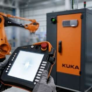 A maintenance technician holding a KUKA SmartPAD teach pendant with a white loading screen in front of an orange KUKA robot and a gray KRC4 controller cabinet to diagnose HMI boot failures.
