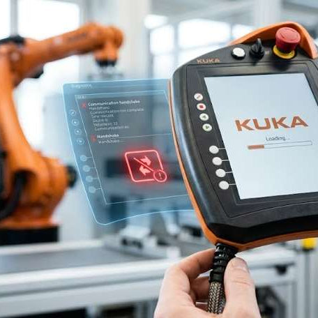 KUKA smartPAD teach pendant troubleshooting guide for KCP4 boot screen freezes, diagnosing stuck loading bars, startup communication failures, and high-flex cable data dropouts.