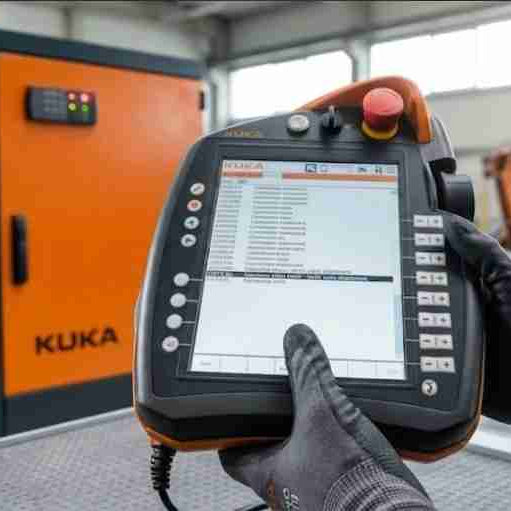 A maintenance technician inspecting a KUKA smartPAD teach pendant and its high-flex cable to diagnose an intermittent KSS communication error with a KUKA robot controller cabinet in a factory.