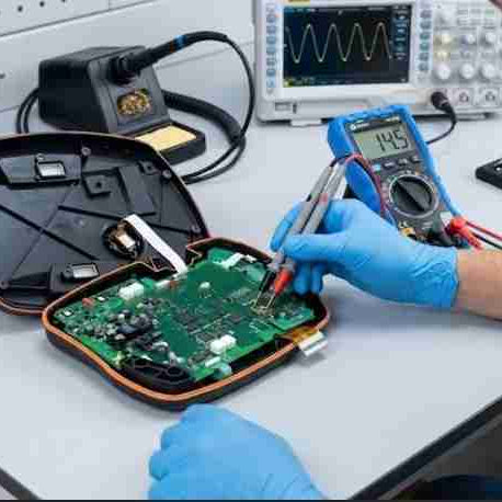 An electronics technician inspecting the internal ribbon cable and touch digitizer of a disassembled KUKA smartPAD teach pendant on an ESD workbench to fix a touchscreen not responding issue.