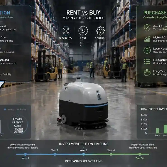 Leasing vs buying industrial cleaning robots comparison showing autonomous cleaning robot ownership options, RaaS model, and warehouse automation investment decisions