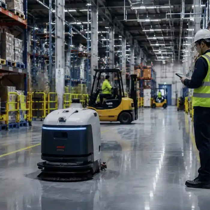 Autonomous industrial cleaning robot using LiDAR navigation and smart sensors in a warehouse