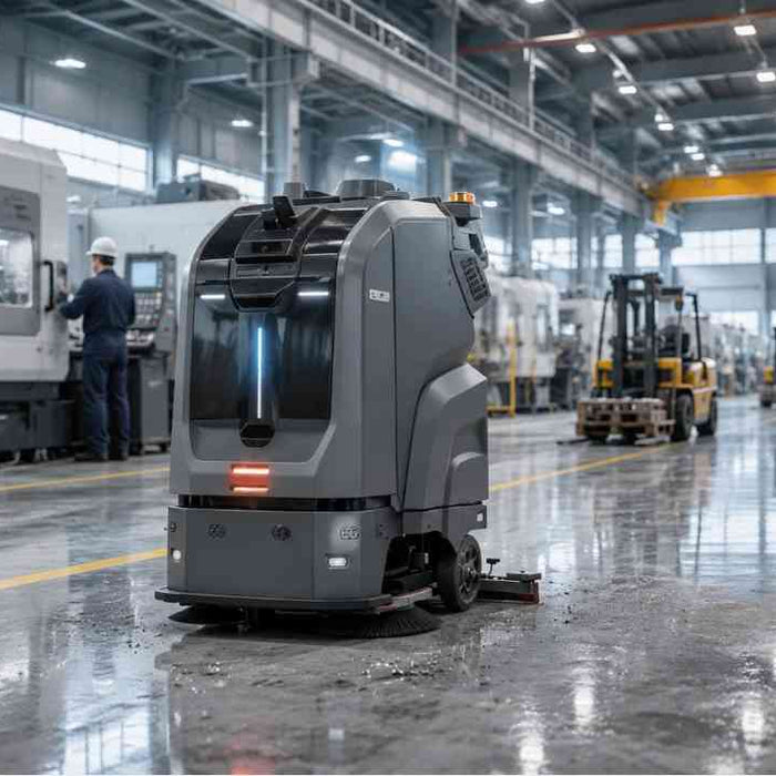 Autonomous manufacturing cleaning robot performing industrial floor maintenance inside a modern factory with CNC machines and production equipment