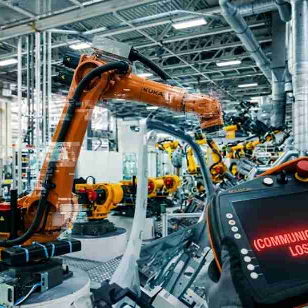 An industrial robot suddenly freezes during operation due to a communication interruption, with the teach pendant displaying a "communication lost" warning—a symptom of an elusive, random fault.