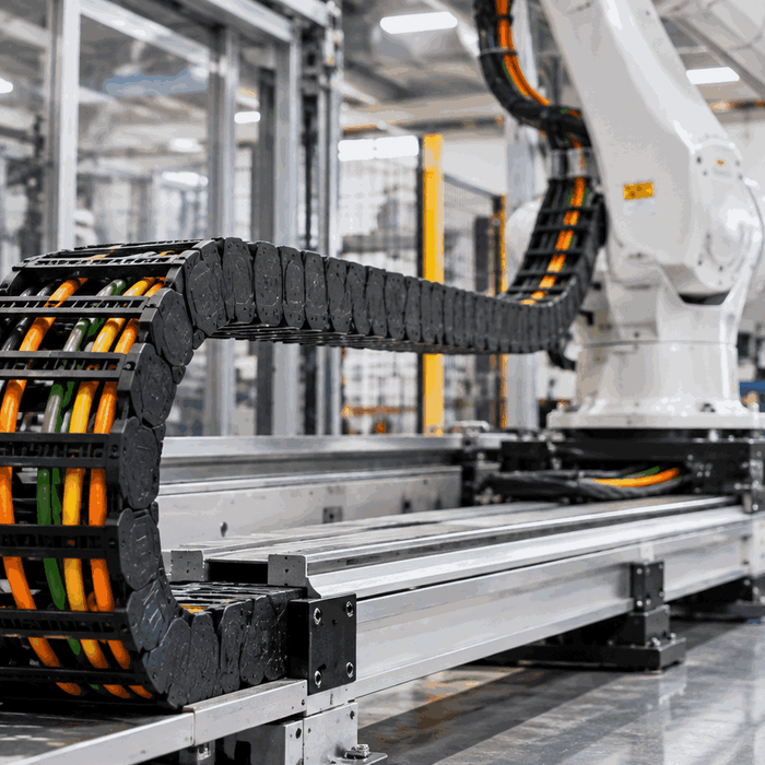 Robot cable routed through an industrial drag chain with repeated bending and wear risk