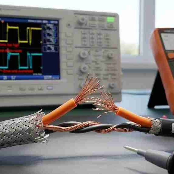 A close-up of micro copper strand fatigue and internal conductor fractures inside a stripped robot encoder cable causing intermittent servo feedback failure and CRC errors.