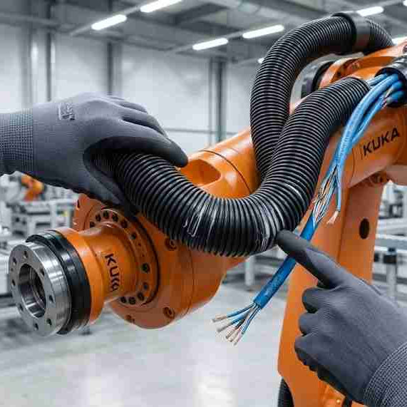 A close-up of stress whitening and internal abrasion on a robot DressPack conduit at Axis 6 during a preventative maintenance inspection to prevent encoder and signal failure.