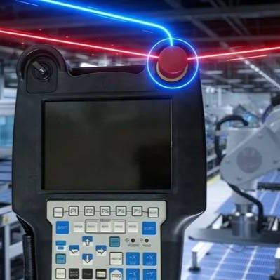 A close-up of a FANUC iPendant with digital red and blue energy lines tracing the emergency stop circuit, illustrating the dual-channel safety architecture and diagnostic signal flow in a modern factory.