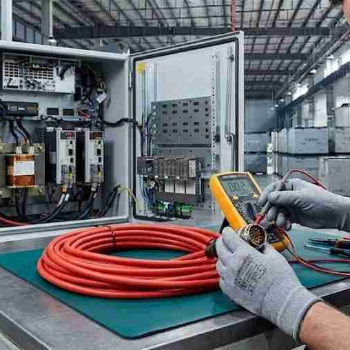 A technical field technician inspecting gold-plated connector pins on a robot teach pendant extension cable to diagnose intermittent communication errors and voltage drop.