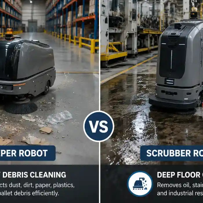 Industrial cleaning robot comparison between scrubber robot and sweeper robot for warehouse and manufacturing floor maintenance