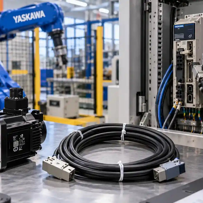 Industrial robot servo feedback cable inspection for EMI interference and encoder signal distortion