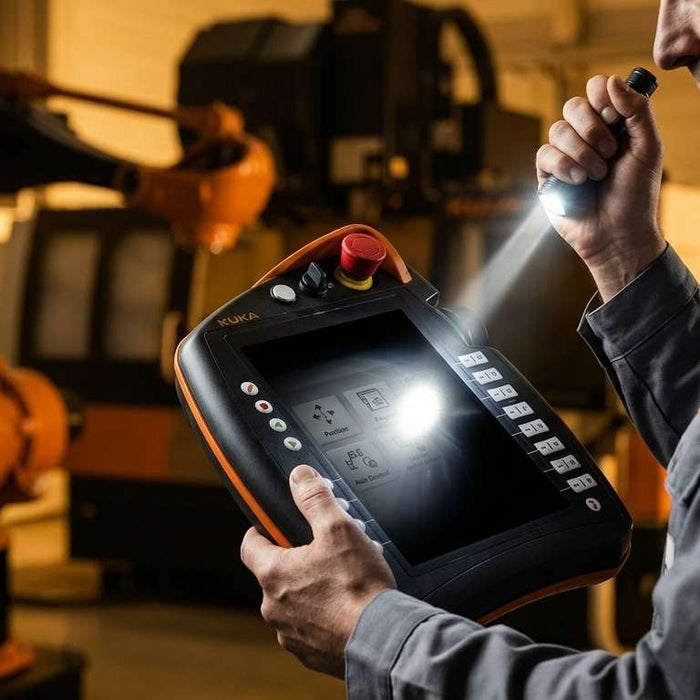 Diagnosing a teach pendant black screen with no backlight using a flashlight test to identify failed LCD inverter circuits or LED backlights rather than full display failure.