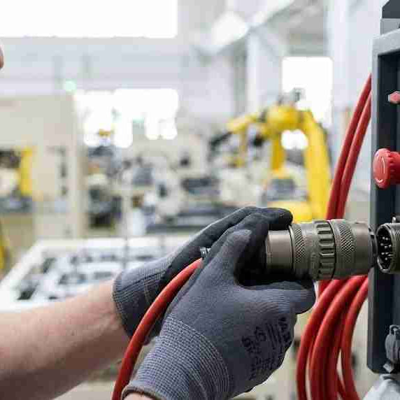 A maintenance technician checking the metal twist-lock bayonet mechanism of a circular teach pendant cable connector on a controller box to diagnose loose connections and intermittent errors.