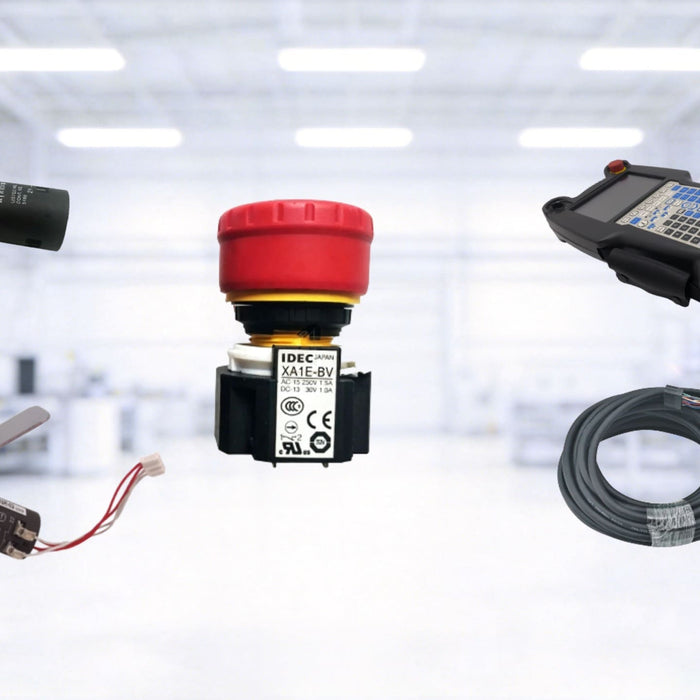 A collection of industrial robot maintenance parts including a teach pendant, a heavy-duty connection cable, and three different models of red emergency stop buttons, including IDEC XA1E-BV