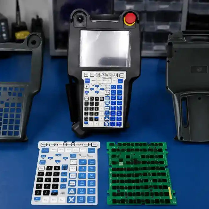 Forensic close-up of a disassembled robot teach pendant membrane keypad showing conductive pad oxidation and ribbon matrix circuit damage causing unresponsive buttons.