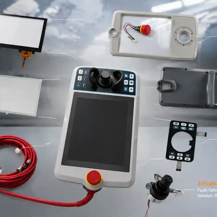 An exploded technical architecture of robot teach pendant components mapping fault symptoms like disconnects and safety alarms to replaceable cables, pins, enable switches, and overlays.