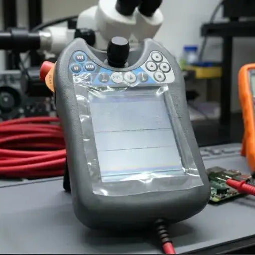 The industrial robot teach pendant on the diagnostic workbench is displaying flickering and distorted stripes on its screen. Technicians are using an orange multimeter and probes to troubleshoot a flickering screen caused by cable or signal instability.