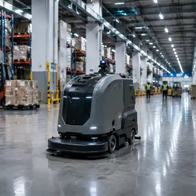 Autonomous industrial cleaning robot operating in a modern warehouse facility for automated floor maintenance