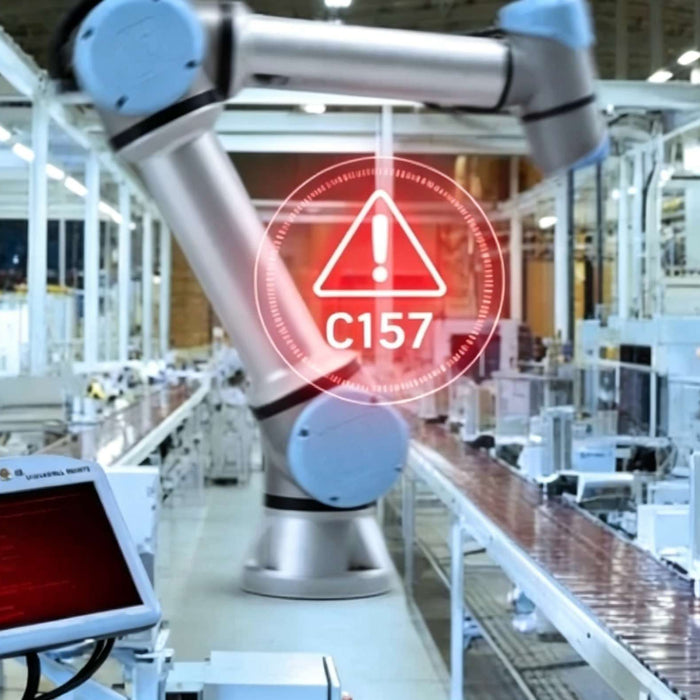 A technical graphic showing a Universal Robots teach pendant with a red C157 Safety Integrity Shutdown error code message on the touchscreen interface to illustrate real-time heartbeat and dual-channel synchronization diagnostics.