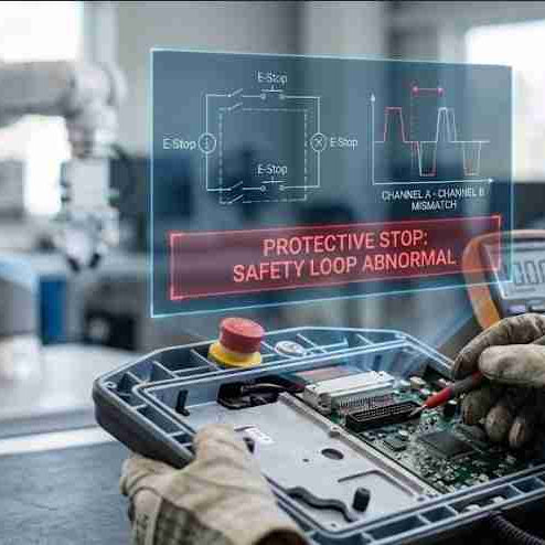Universal Robots UR protective stop troubleshooting guide, diagnosing intermittent teach pendant cable degradation, safety loop dual-channel mismatches, and connector signal integrity loss.