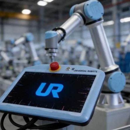 An AI-generated close-up view of a blue Universal Robots teach pendant screen with the UR logo, set against a production line of collaborative robot arms to illustrate controller-side boot and storage diagnostic guides