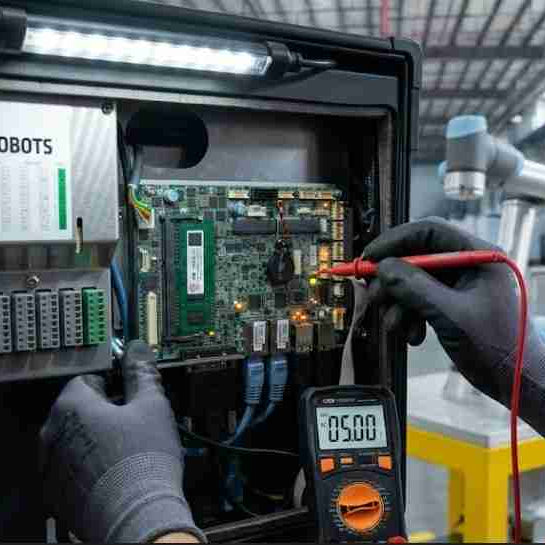 A maintenance technician using a multimeter to check the 5V motherboard logic power rail inside a Universal Robots CB3 controller to troubleshoot a robot not booting and stuck on logo issue.