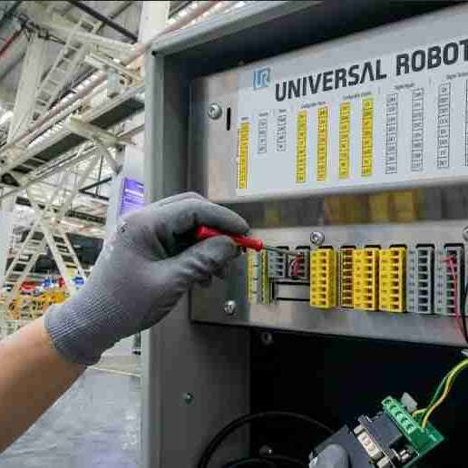 A maintenance technician checking the dual-channel safety I/O terminals and jumpers inside an open Universal Robots control box to troubleshoot an intermittent UR Emergency Stop fault and C204 safety signal conflict.