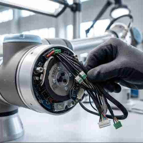 A maintenance engineer performing a physical wiggle test on the internal EtherCAT communication cable harness inside a Universal Robots wrist joint to check for CRC errors and signal degradation.