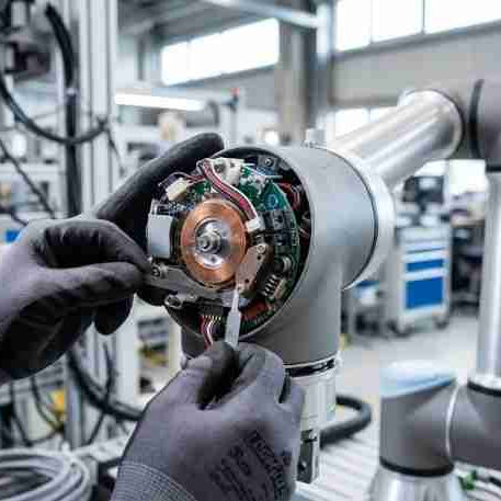 A maintenance engineer inspecting the internal magnetic encoder disk and ribbon cable wiring harness of a partially disassembled Universal Robots joint to diagnose positioning drift and C15x-series communication alarms.