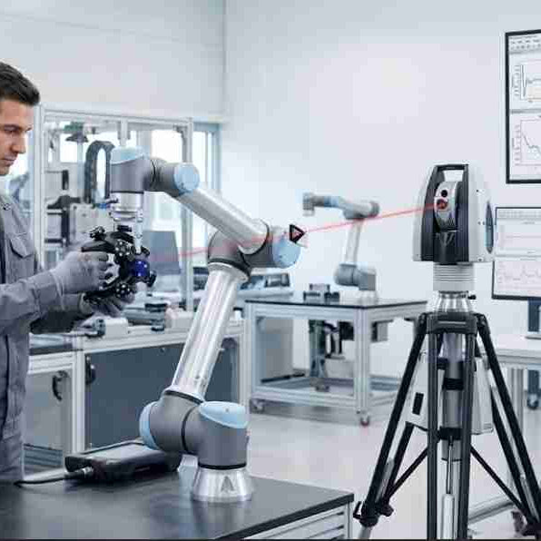 A metrology engineer using a laser tracker probe to calibrate absolute position accuracy and trace geometric kinematic model errors on a Universal Robots arm.