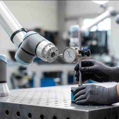 A maintenance engineer using a dial indicator to measure micro-positional deviation on a Universal Robots arm flange, diagnosing linear thermal drift and checking mechanical compliance in a factory.