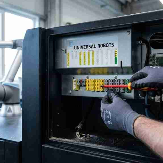 A robotics maintenance engineer inspecting dual-channel yellow safety I/O terminals on the Safety Control Board inside a Universal Robots controller to diagnose Stop Category 0 and unexpected shutdowns.