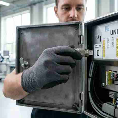 A maintenance technician inserting an industrial USB drive into a Universal Robots control box to perform a system backup and configuration recovery, troubleshooting torque and timing anomalies.