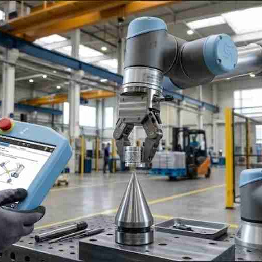 A maintenance engineer performing a 4-point TCP calibration on a Universal Robots arm using a mechanical cone gauge to troubleshoot tool center point inaccuracy and orientation drift.